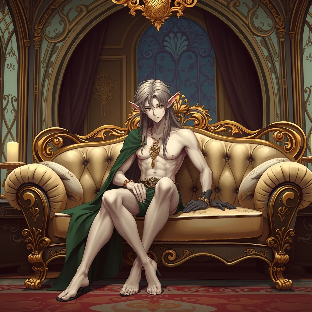 A handsome Elf Prince sitting on a luxurious sofa, male, bishounen, skinny, long hair, pointy ears, fantasy, art nouveau furniture, Elven palace. - Image