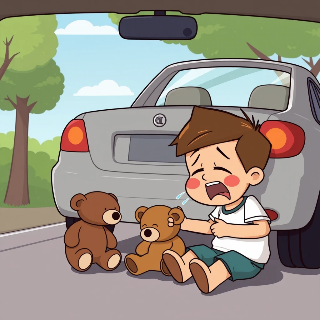 Cartoon father backing up his car over a teddy bear while son cries.