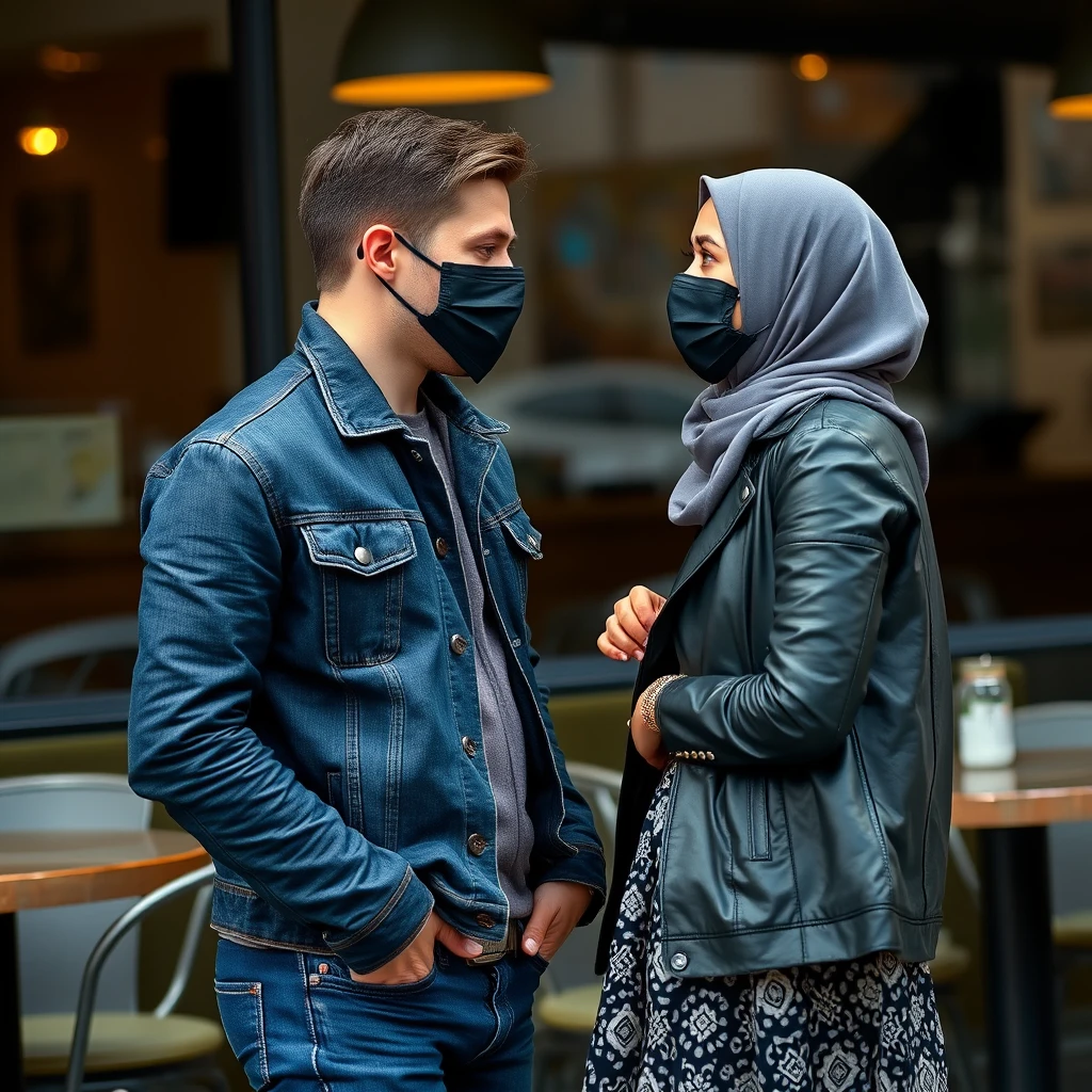 Jamie Dornan's head and body shot, handsome, black face mask, blue jeans jacket, jeans, dating with a grey hijab Muslim girl, beautiful eyes, black face mask, black leather jacket, largest patterned skirt, at a cafe, looking at each other, photorealistic.