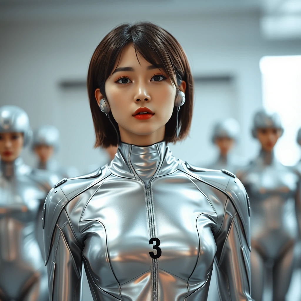 Korean woman. Sexy. Brainwashed. Standing at attention. Silver sleek latex skin-tight full-bodysuit with a number on it. Short hair. Sci-fi earbuds. Awaiting orders. Thinks she is a robot. Sci-fi futuristic. Drone.