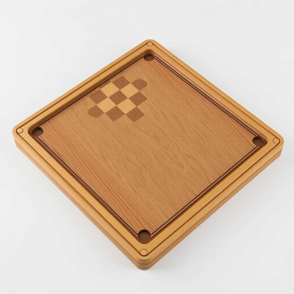 The image presents a 3D rendering of a board. The game board, made of wood, is the central focus of the image. It is a square board with a wooden top and a wooden bottom. - Image