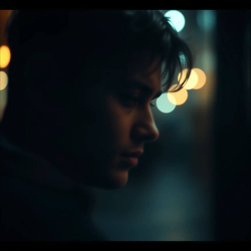 A gritty, high-contrast cinematic keyframe with a shallow depth of field, featuring a blurred background and a subject in focus, evoking a sense of intimacy and drama. Inspired by the works of Maciej Kuciara, Jama Jurabaev, and Wojtek Fus, this image blends the richness of cinematic color grading with the timeless charm of film photography. The color palette is a mix of deep, muted tones with bursts of vibrant colors, reminiscent of Kodak Porta 400 and Cinestill 800 film stocks. The lighting is moody and cinematic, with subtle vignette and bokeh effects that draw the viewer's attention to the subject. The overall aesthetic is filmic, with a grainy texture that adds to the image's emotional depth. The composition is carefully balanced, with negative space used effectively to create a sense of tension and atmosphere. - Image