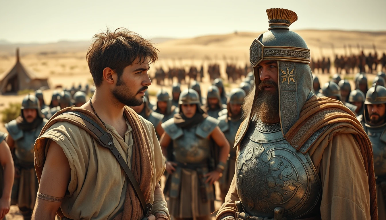 Two men are arguing. One is a young man with messy hair and a short beard. The other is a middle-aged Mesopotamian king. The young man looks at the king in disbelief and gestures towards him. The young man is dressed in biblical-era shepherd's attire, while the middle-aged king is clad in Mesopotamian soldier armor. Both men are surrounded by a diverse group of individuals wearing ancient Sumerian soldier armor. In the background, there are Arabic army tents set up in a desert shrubland. On the distant horizon, another army stands armed and ready to fight. The lighting is dramatic.