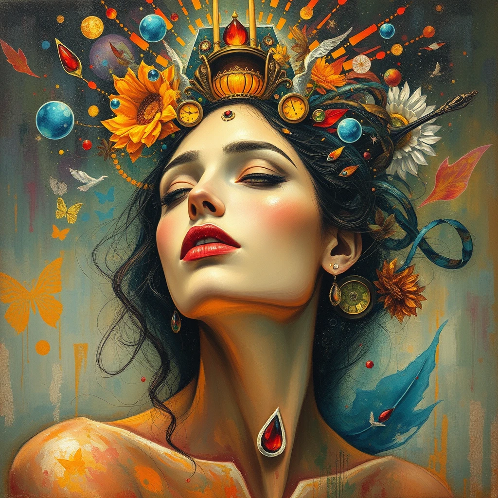 Beautiful woman, in abstract painting style, evokes mystery of life and the universe. Introduce elements of nature. - Image