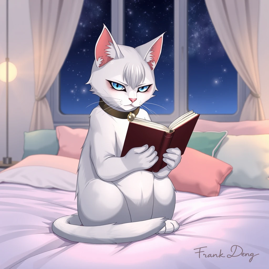 Character: A silver-haired anime cat with a cool and aloof expression, sitting upright on a bed with its legs crossed. The cat is engrossed in reading a book held in its paws. The cat has piercing blue eyes and a sleek, well-maintained coat.  
Clothing: The cat is wearing a simple, dark-colored collar with a small silver bell.  
Setting: The bed is covered with a soft, fluffy white blanket and has several plush pillows in various pastel colors. The background is a minimally decorated bedroom with a window showing a night sky filled with stars.  
Pose and Action: The cat is sitting upright and leaning slightly forward, its head tilted down as it focuses on the book. Its tail is curled neatly around its paws.  
Lighting: Soft, warm lighting emanating from a bedside lamp casts gentle shadows and highlights the silver fur of the cat.  
Art Style: Anime, with clean lines, vibrant colors, and expressive eyes.  
Signature: "Frank Deng" written in a stylized font in the bottom right corner of the image. - Image