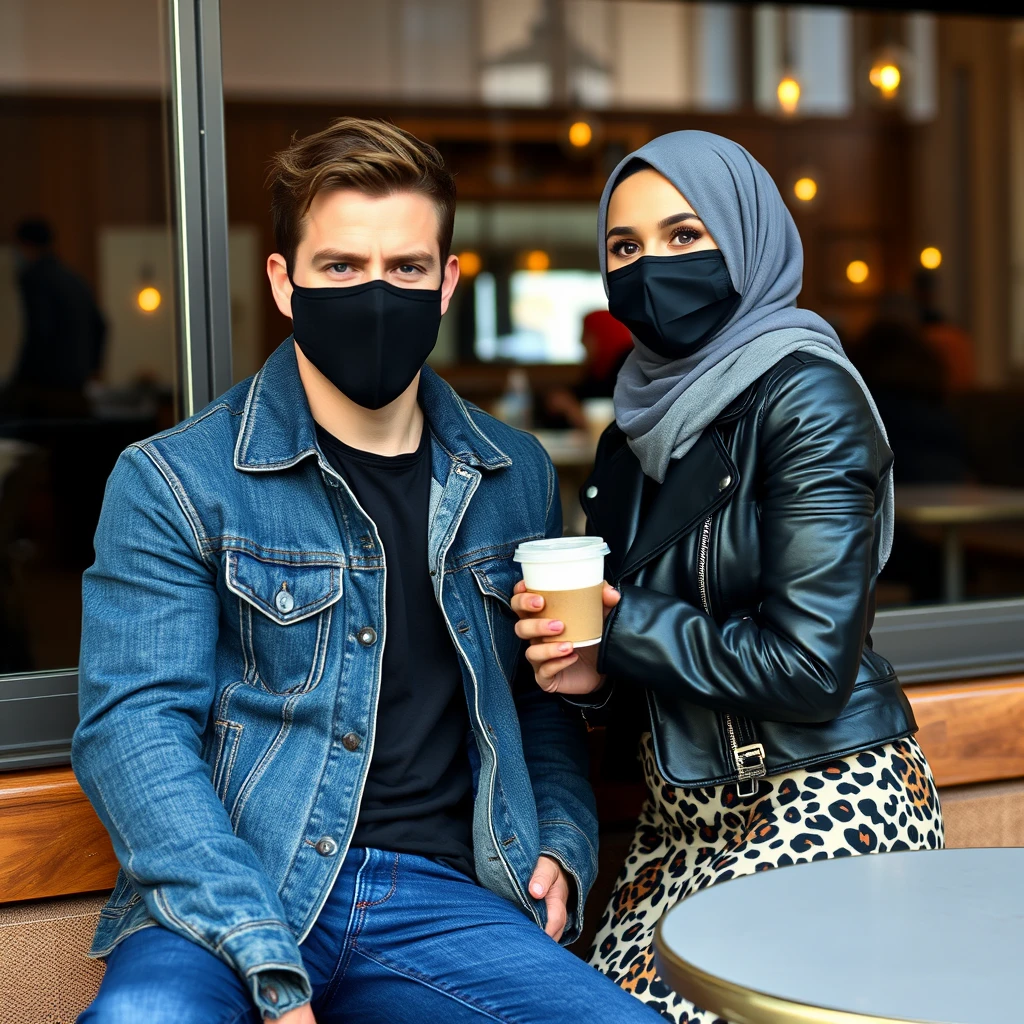 Jamie Dornan's head and body shot, handsome, black face mask, blue jeans jacket, jeans, dating a Muslim girl in a grey hijab, beautiful eyes, black face mask, black leather jacket, largest tiger pattern skirt, at a cafe, cup of latte, photorealistic.