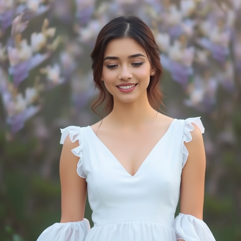 A serene, blissful scene of a young woman in a white dress. - Image