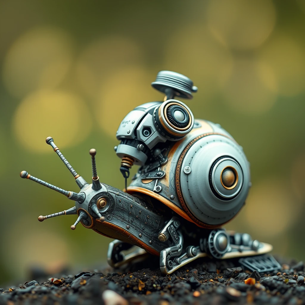 A snail modern robot, intricated detail, bokeh.