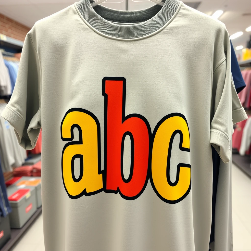 A piece of clothing with the three letters abc written on it, front view, merchant display picture.