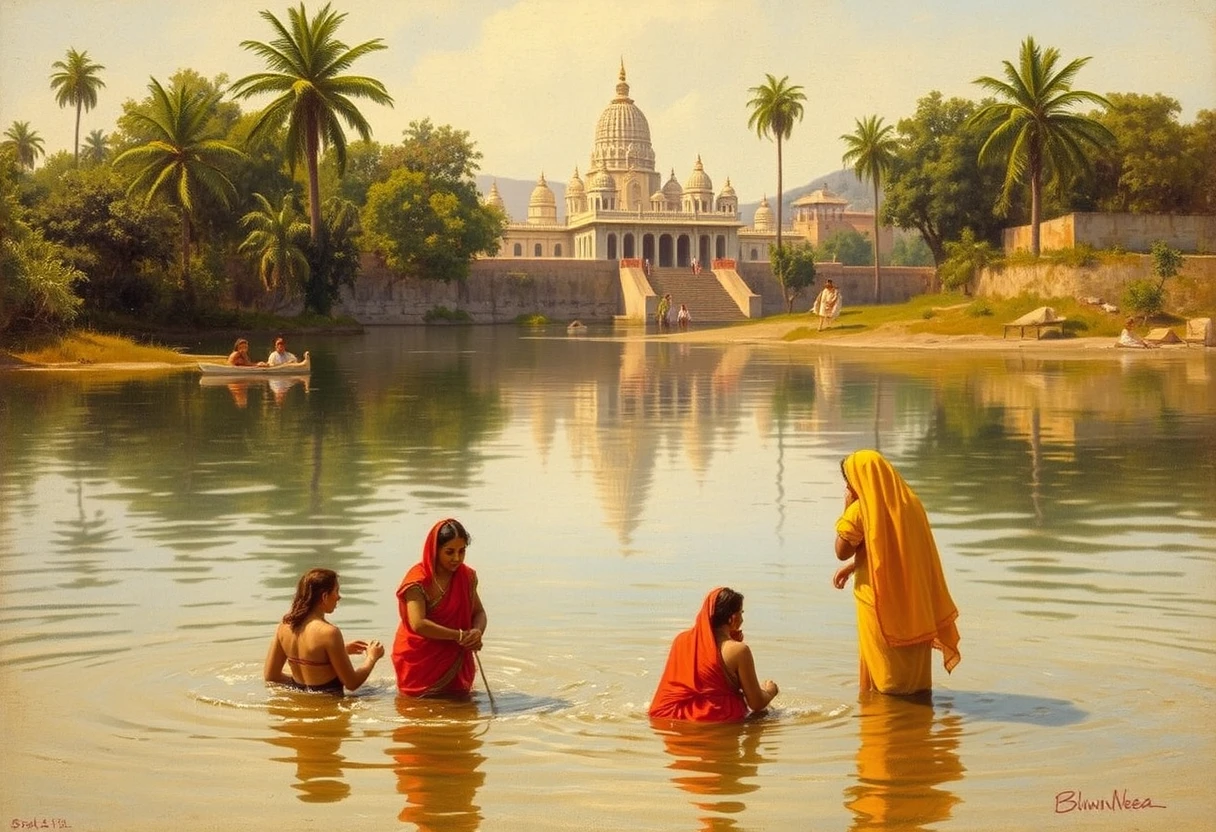 Group of Indian women bathing in river with a temple in background, Art by Edwin Lord Weeks. - Image