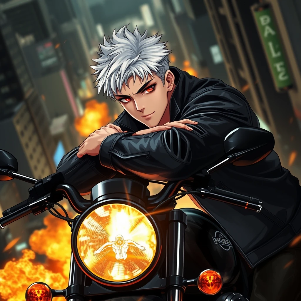 An adult male leaning on a black motorcycle, with short white hair, red eyes, black leather jacket, a muscular figure, playful eyes, thick painted style, urban night scene, high altitude, flames, explosions, black color scheme, movie level lighting.