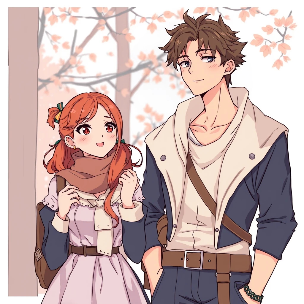 Daily life of a young couple, handsome tall boy. Anime line art, fantasy attire. - Image