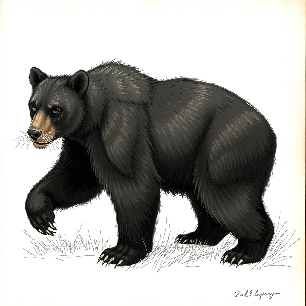 Furry art, quarter view, black bear cougar hybrid. Sketch with field notes. Fantasy bestiary book. - Image