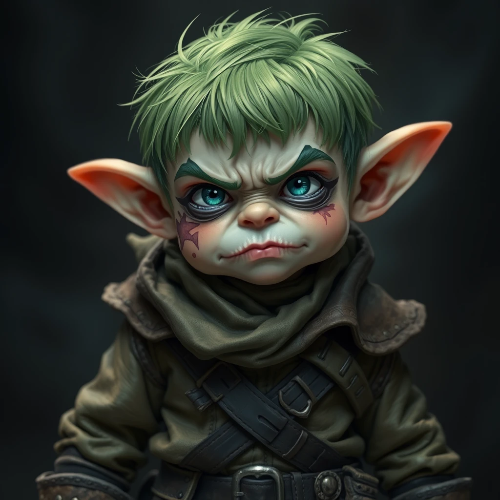 A small, green-haired, ugly halfling in a leather adventurer's outfit with a bruise on one cheek and a rough, untrustworthy atmosphere. - Image