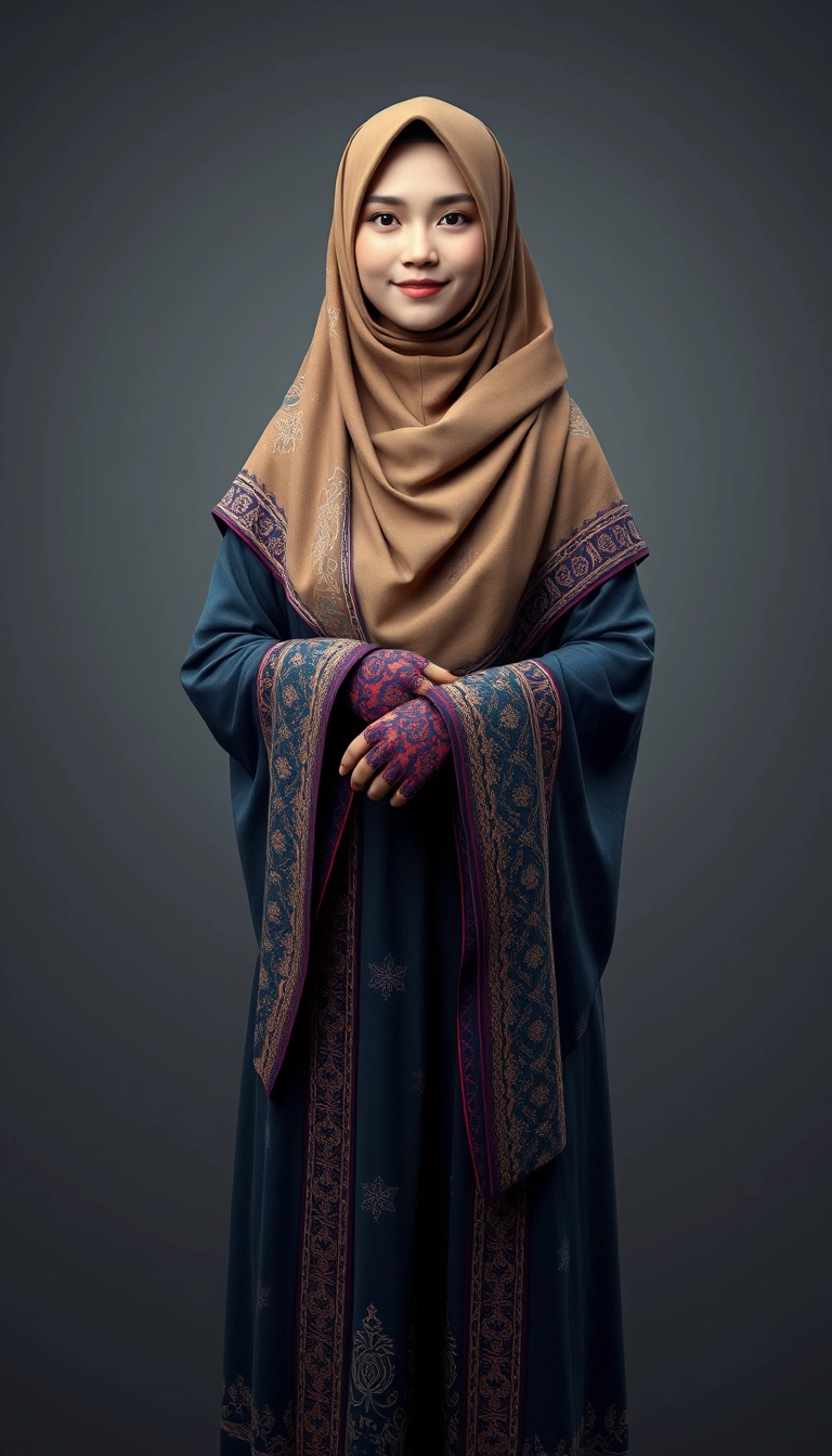 A 3D, 8k depiction of a Muslim woman from Palembang, wearing a traditional long songket and a long gown (gamis). She is adorned with a hijab that covers her chest and wears batik gloves covering her hands.