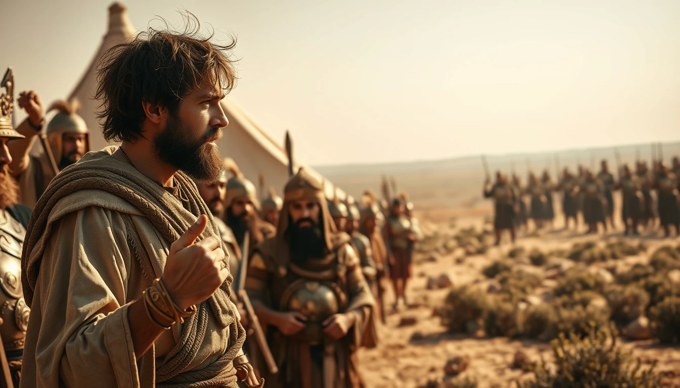 A young man, with messy hair and a short beard, is arguing with a middle-aged Mesopotamian king. The young man is dressed in biblical era shepherd's attire. He gestures with his hand in an incredulous manner. The middle-aged king is dressed as a Mesopotamian soldier. Both men are surrounded by a diverse group of men in ancient Sumerian soldier armor. In the background are Arabic army tents pitched on a desert shrub land. In the distant horizon stands another army armed and ready to fight. Dramatic lighting. - Image