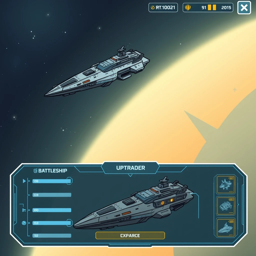 "Space battleship game, an illustration with a spaceship at the top, and a UI for upgrading the battleship at the bottom, with a translucent UI, and the space battleship is also visible."