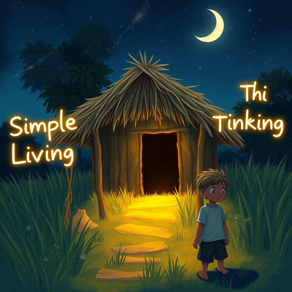 A digital painting of a young boy standing outside a small, simple hut with a thatched roof at night. The hut is illuminated from within by a warm light, and the boy is looking towards it with a thoughtful expression. The hut is surrounded by tall grass and trees, and the night sky is filled with stars and a crescent moon. The words "Simple Living" and "Thinking" are written in glowing letters on either side of the hut.