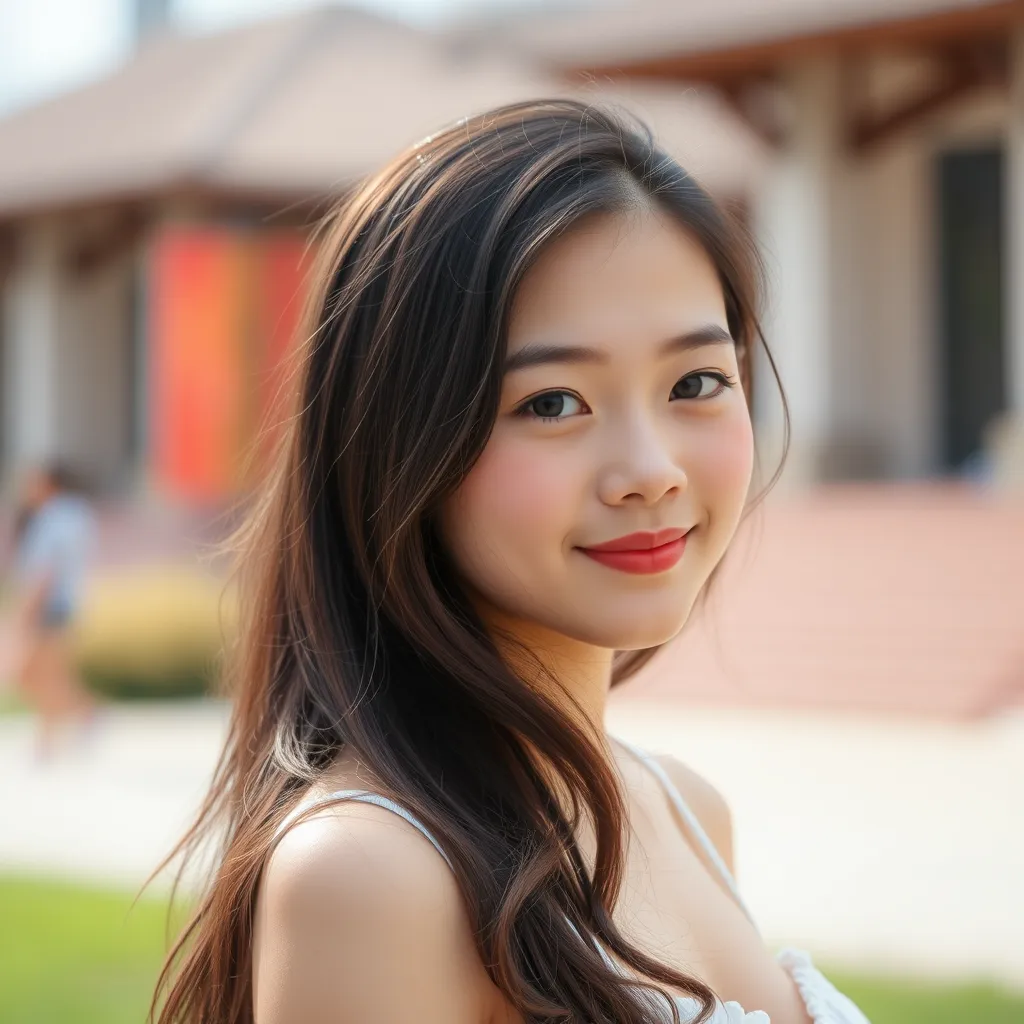 A girl, pretty beautiful, oval face, Chinese, 18 years old, college student, big breasts, summer.