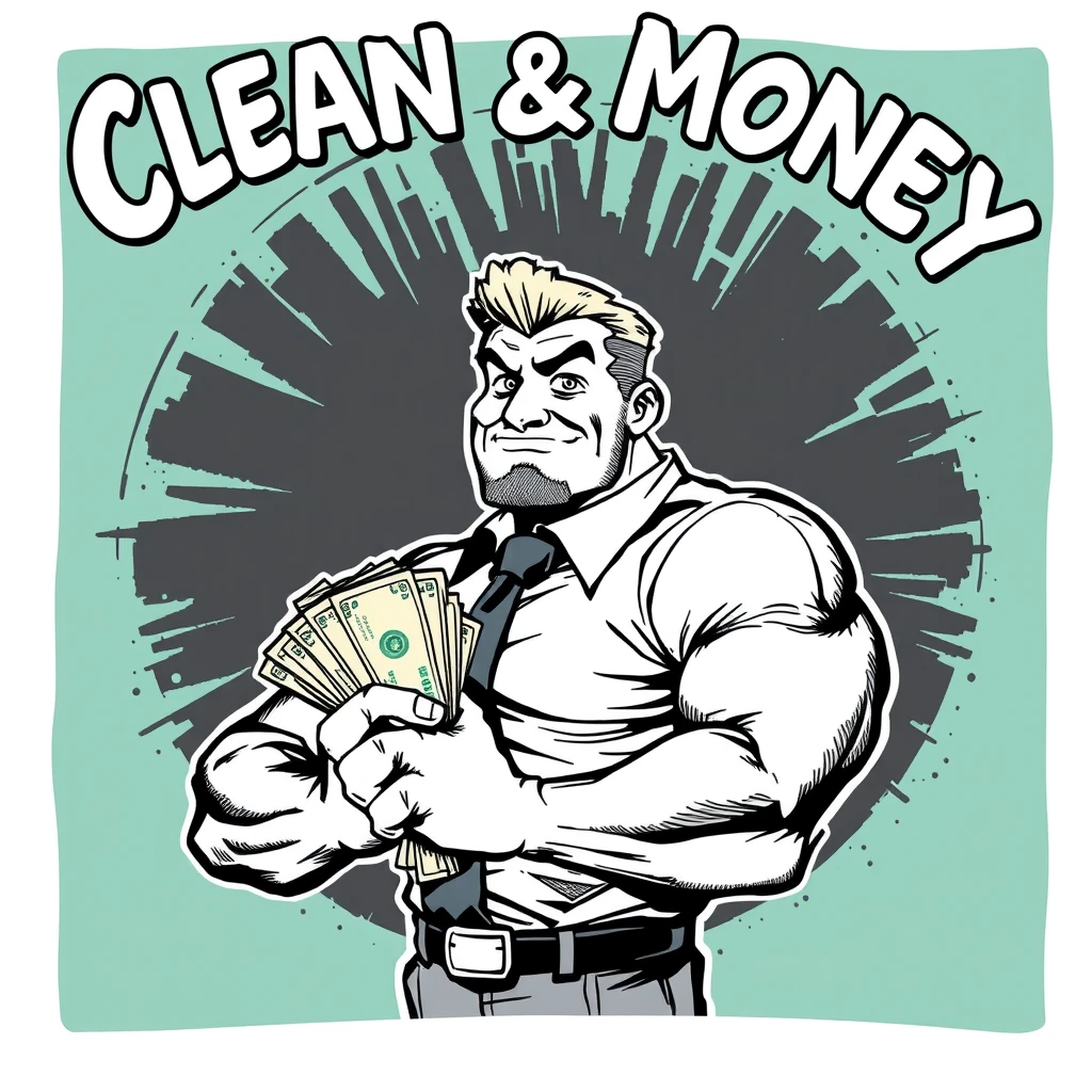 A comic ink style comic of a muscular business bro flexing while holding a wad of cash. Text says “Clean Money Dirty Bulk.” - Image