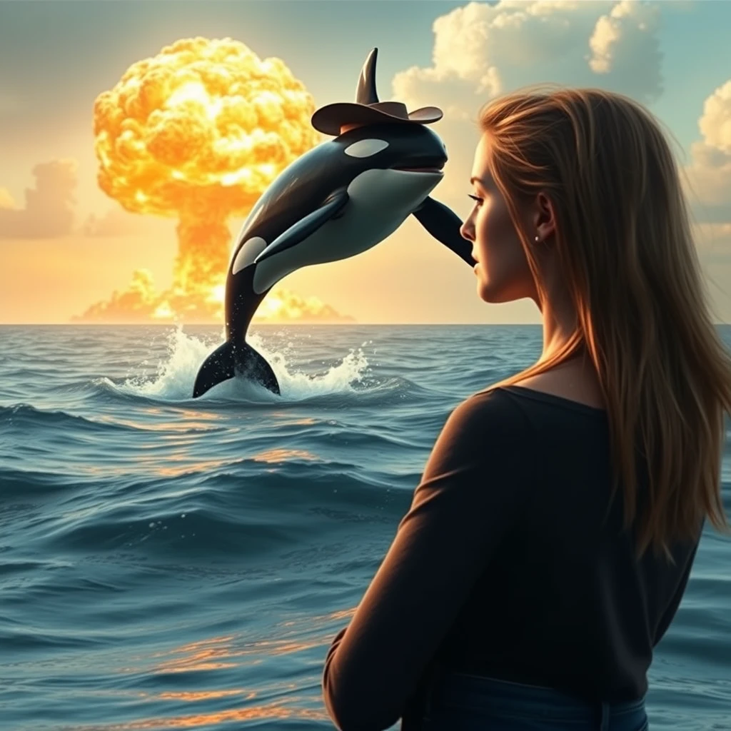 An 18-year-old model looks at the ocean where an orca ridden by an alien in a cowboy hat is jumping out of the water. There is a nuclear explosion in the background. Super detailed photo realistic shot in a Canon EOS.