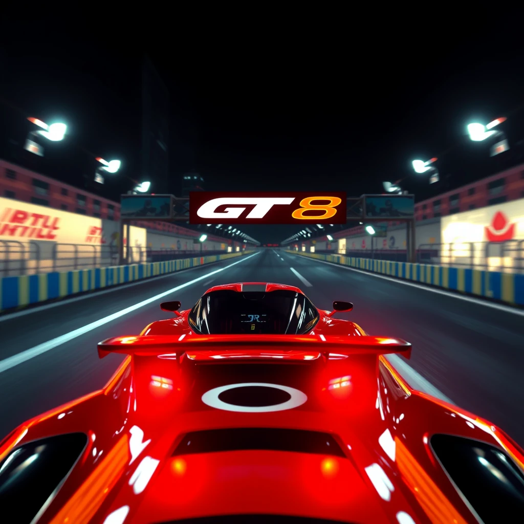 Create a realistic photo with correct lighting of the cover of GT8 for PS5.