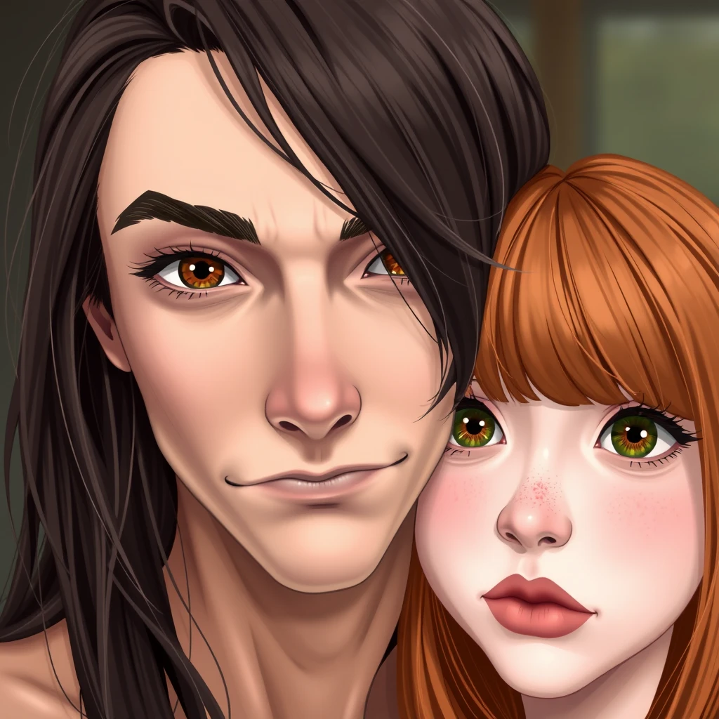 Realistic style, young handsome skinny guy, long dark brown hair parted in the middle, sharp facial features, smirk, pale skin, light brown eyes, thick eyebrows, long eyelashes next to a cute white ginger girl, small nose, pink lips, green eyes, long bangs.