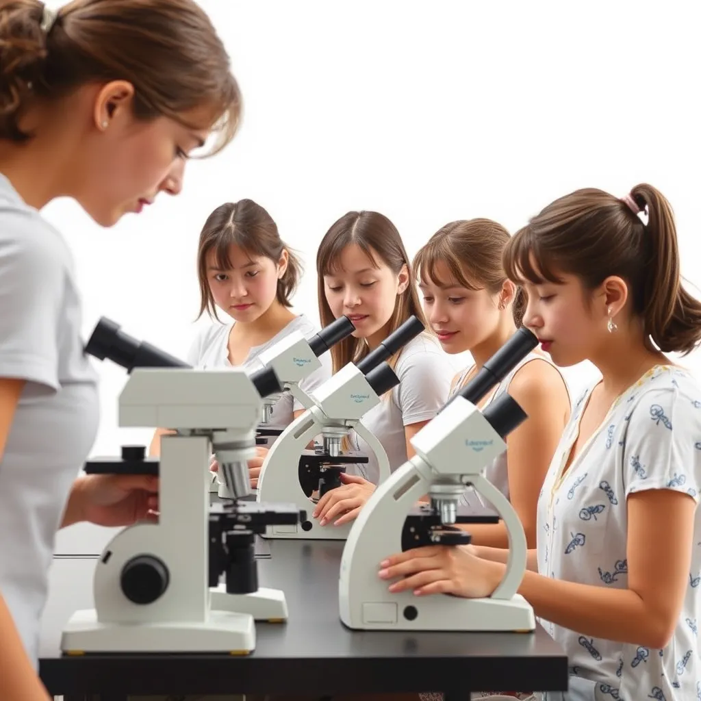 "Take a photo of a group of female students wearing summer clothing and looking through microscopes. The background is white, and there is no text visible." - Image