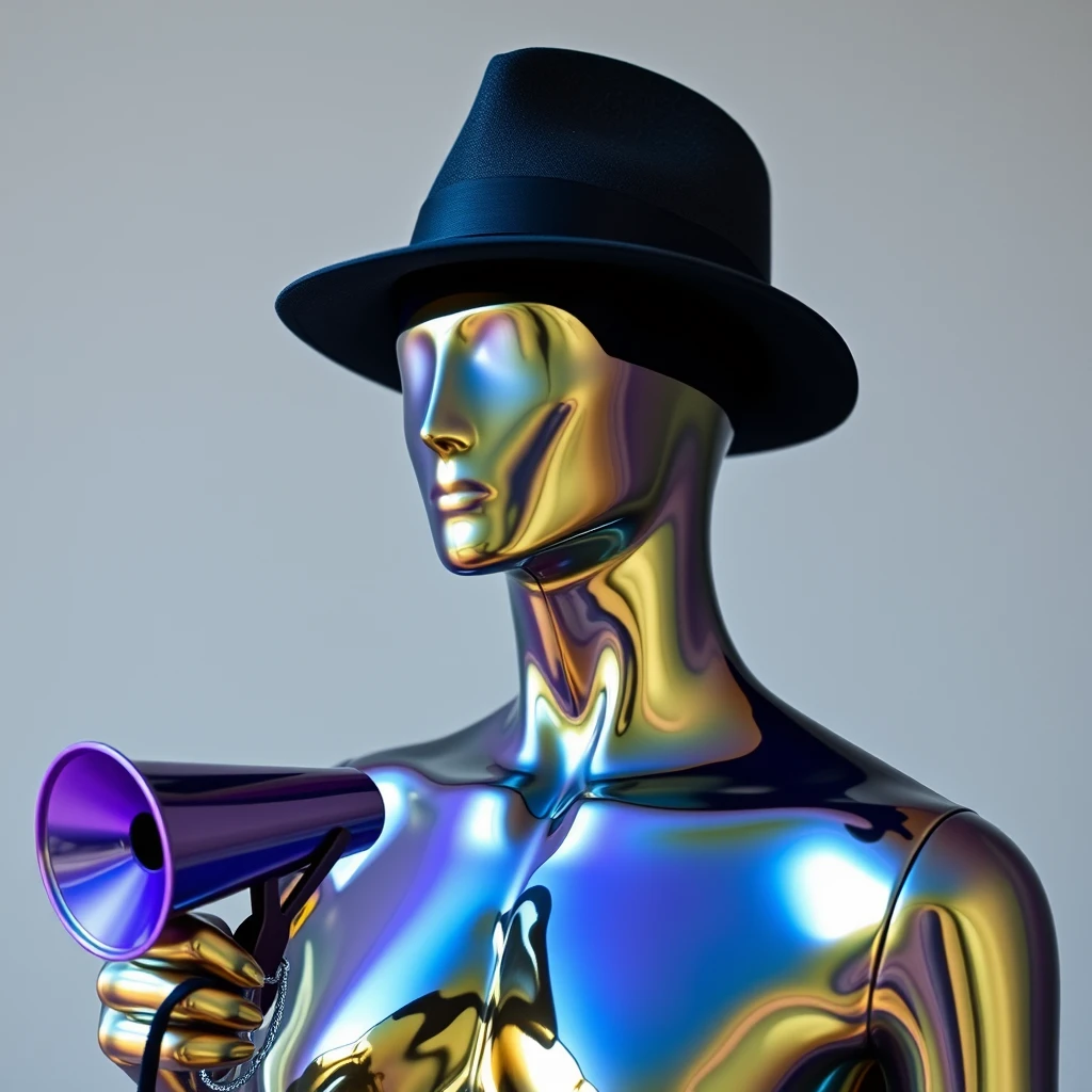 A mystical reflective mannequin with an oil slick color, featuring a smooth bulbous head with no facial features, wearing a fedora and holding a fake megaphone. - Image