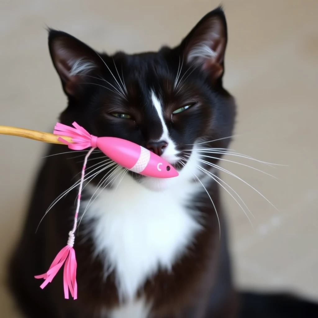 A black and white cat playing with a pink shrimp toy attached with a string to a stick. - Image