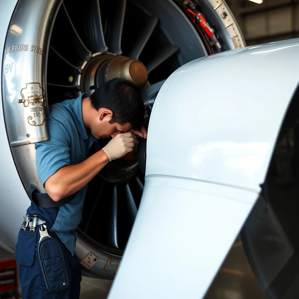 Technician repairing the airplane engine