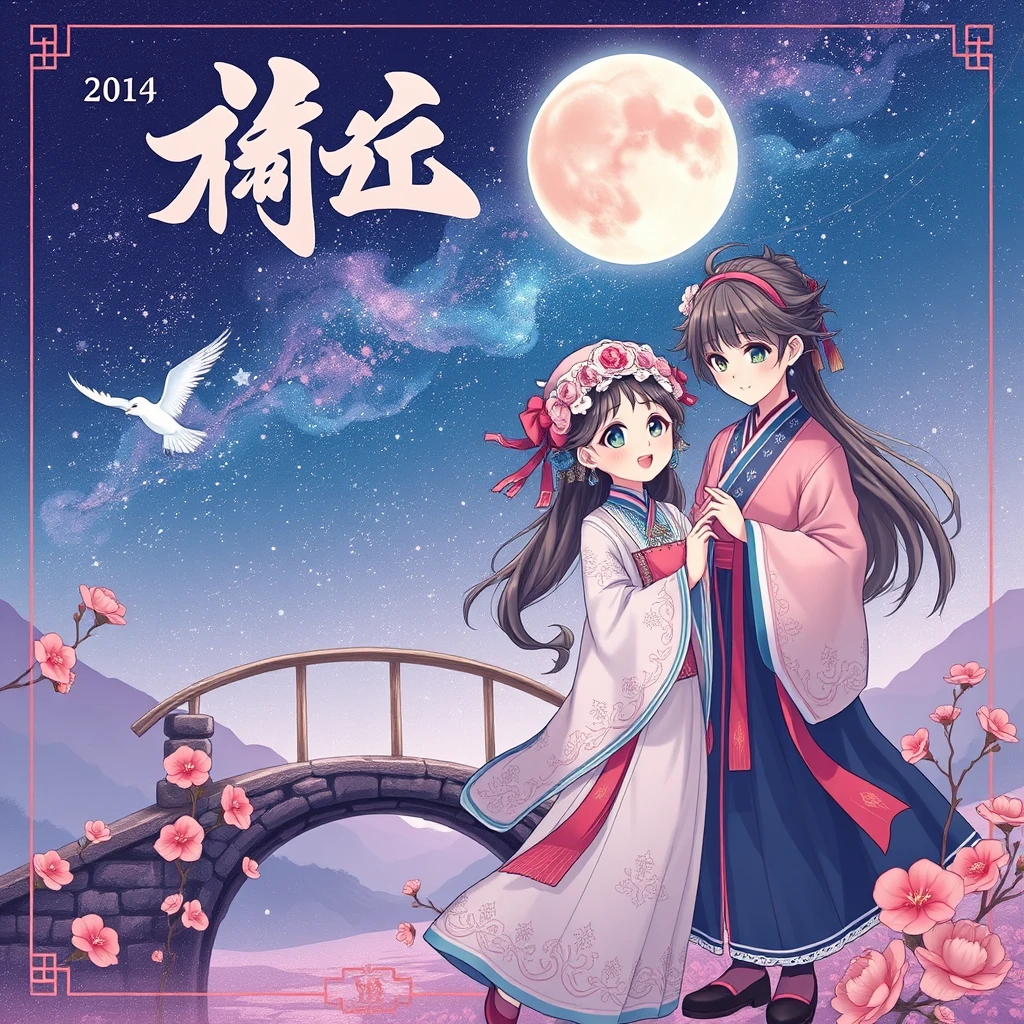 Love + Characters (Cowherd and Weaver Girl, wearing traditional Chinese clothing) + Scene Elements (Magpie Bridge, Milky Way, stars) + Background (deep night sky) + Colors (soft pinks, purples, blues) + Chinese Style - Image