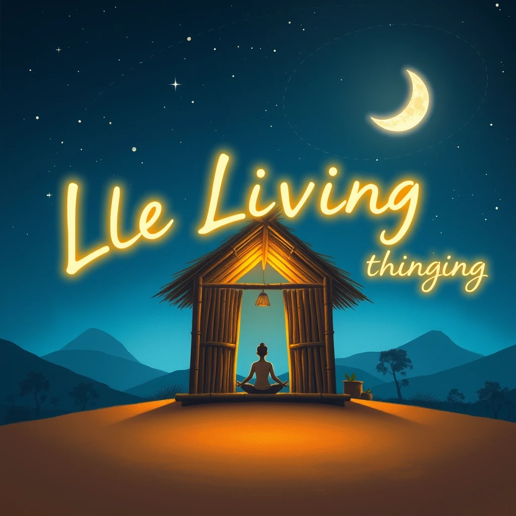 Create a digital illustration of a serene night scene. Center the image on a small, rustic bamboo hut with a thatched roof, emitting a warm glow from within. Place a person sitting in meditation pose outside the hut. The sky should be a deep blue with twinkling stars and a crescent moon. Include silhouettes of trees and hills in the background. The ground around the hut should appear sandy or dusty. Overlay the text 'Le Living thinking' in a glowing, handwritten style, with 'Le Living' on the left side and 'thinking' on the right side of the image. Use a dreamy, painterly style with a contrast between warm yellow light from the hut and cool blue tones in the sky. Add a small 'idu' watermark in the top right corner.