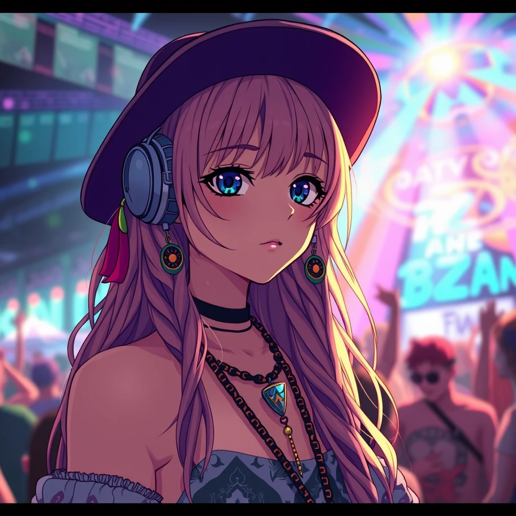 a hippie anime girl at a music rave festival in a psychedelic trippy atmosphere, music scene.