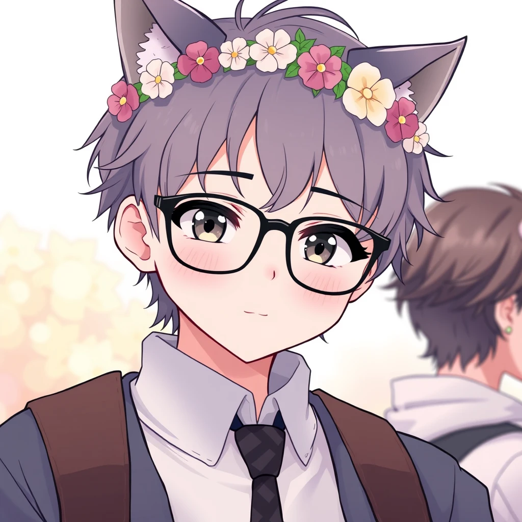 Cute anime boy college student with cat ears, pastel, wearing glasses and a flower crown. They are blushing heavily.