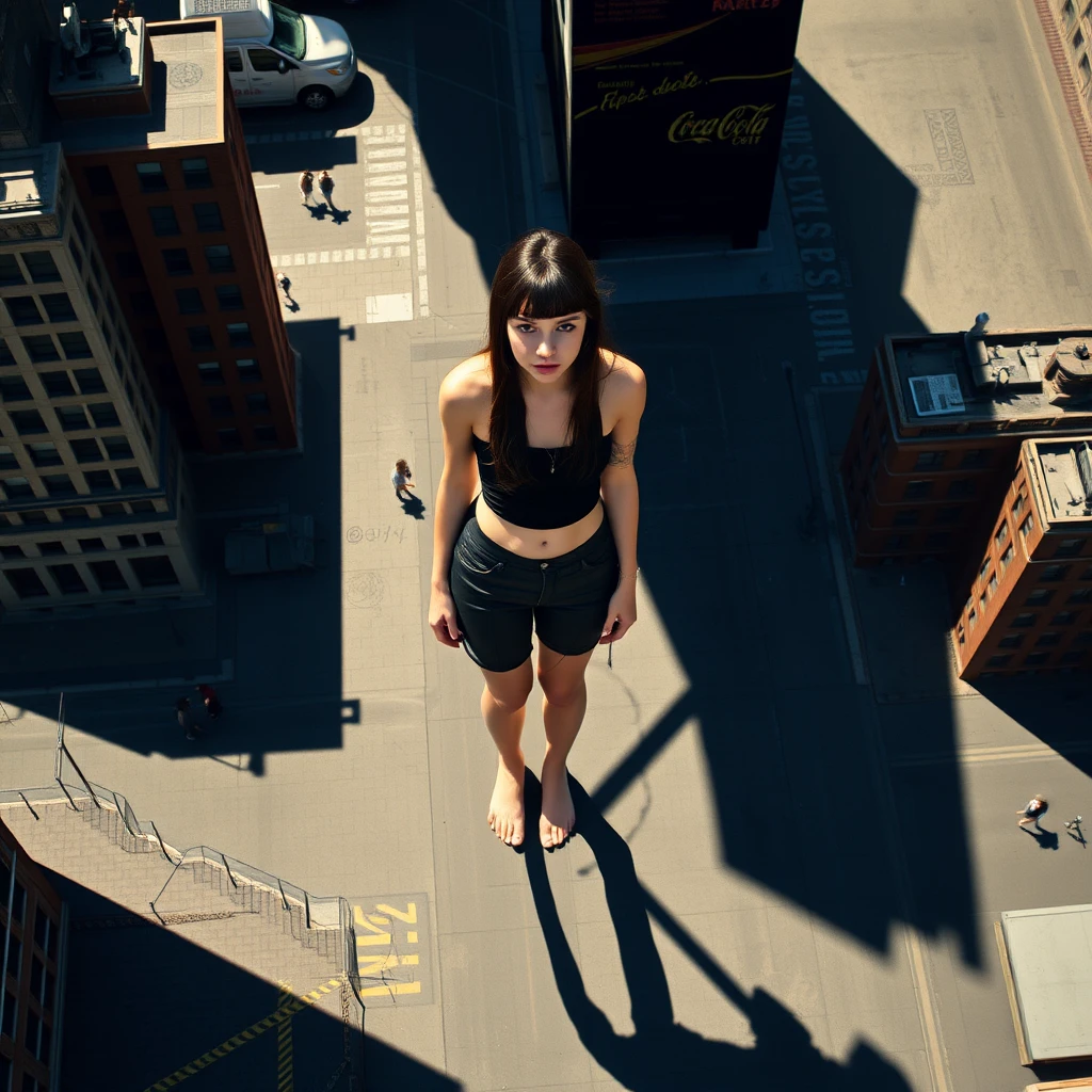 Aerial view, giant stunning goth teen girl standing barefoot in the city, realistic shadow. - Image