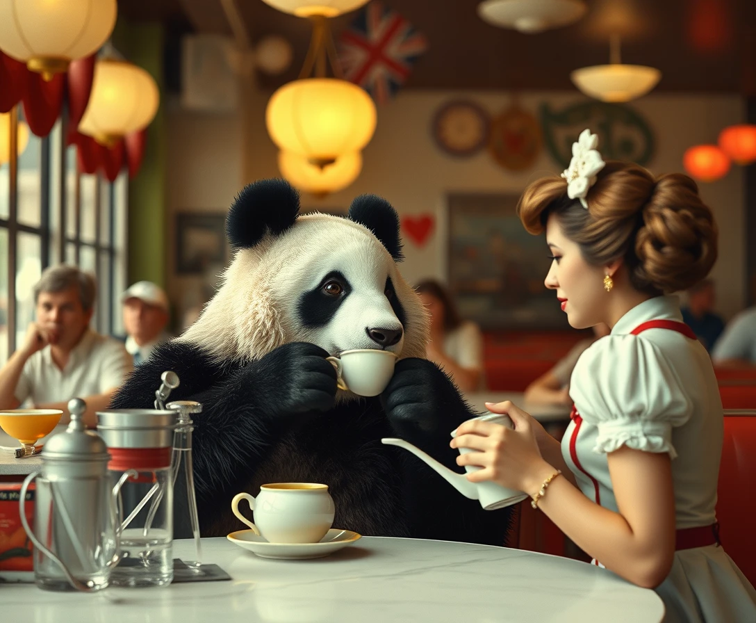 Panda at a busy 1950's diner drinking tea, waitress, highly detailed, photorealistic, 35mm lens.