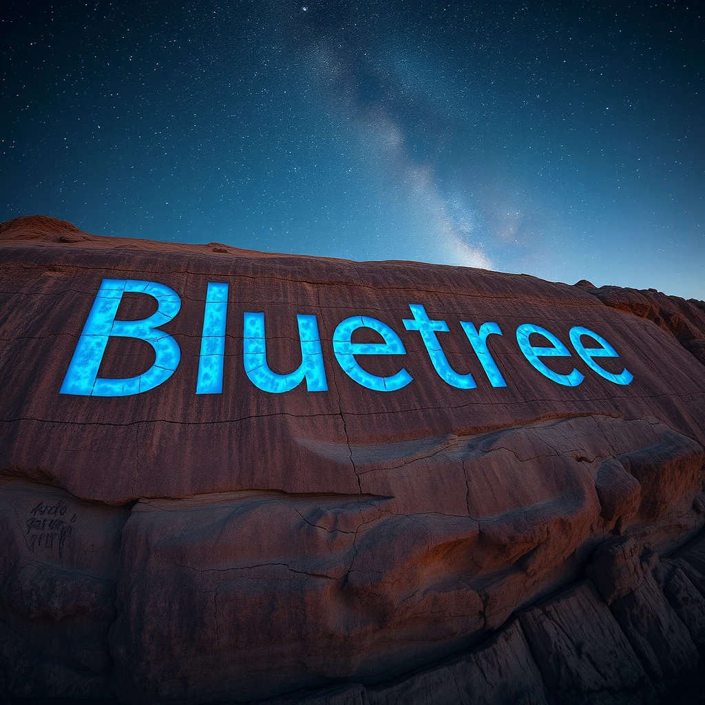 "Bluetree" carved into the rock face of an ancient cliff, weathered by millennia. The letters, 15 feet high, are filled with a rare, luminescent blue mineral that glows softly in the fading twilight. The surrounding rock is textured with primitive cave paintings and natural erosion patterns. A starry sky begins to emerge above, with the Milky Way faintly visible. Captured in a wide panoramic shot that emphasizes the monumental scale of the inscription against the rugged natural backdrop.