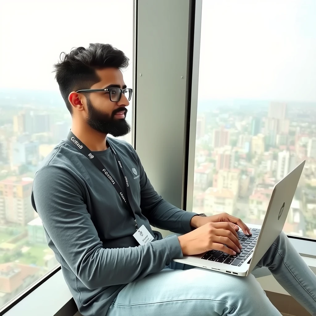 A bearded young guy, coding on an HP laptop, is sitting on the 14th floor where his window shows the entire city of Indore. He has a badge of his company around his neck. The company name is Softude.