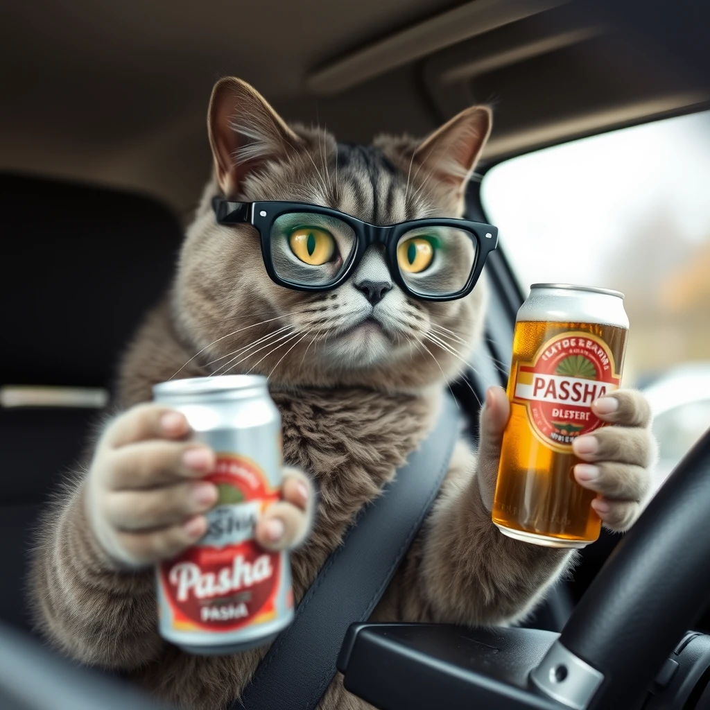 The cat is sitting behind the wheel and holding a can of beer in his hand. And sometimes drinking it. It's a Russian cat. He is a gray cat. His name is Pasha. He has an evil face. He is wearing big black glasses. - Image