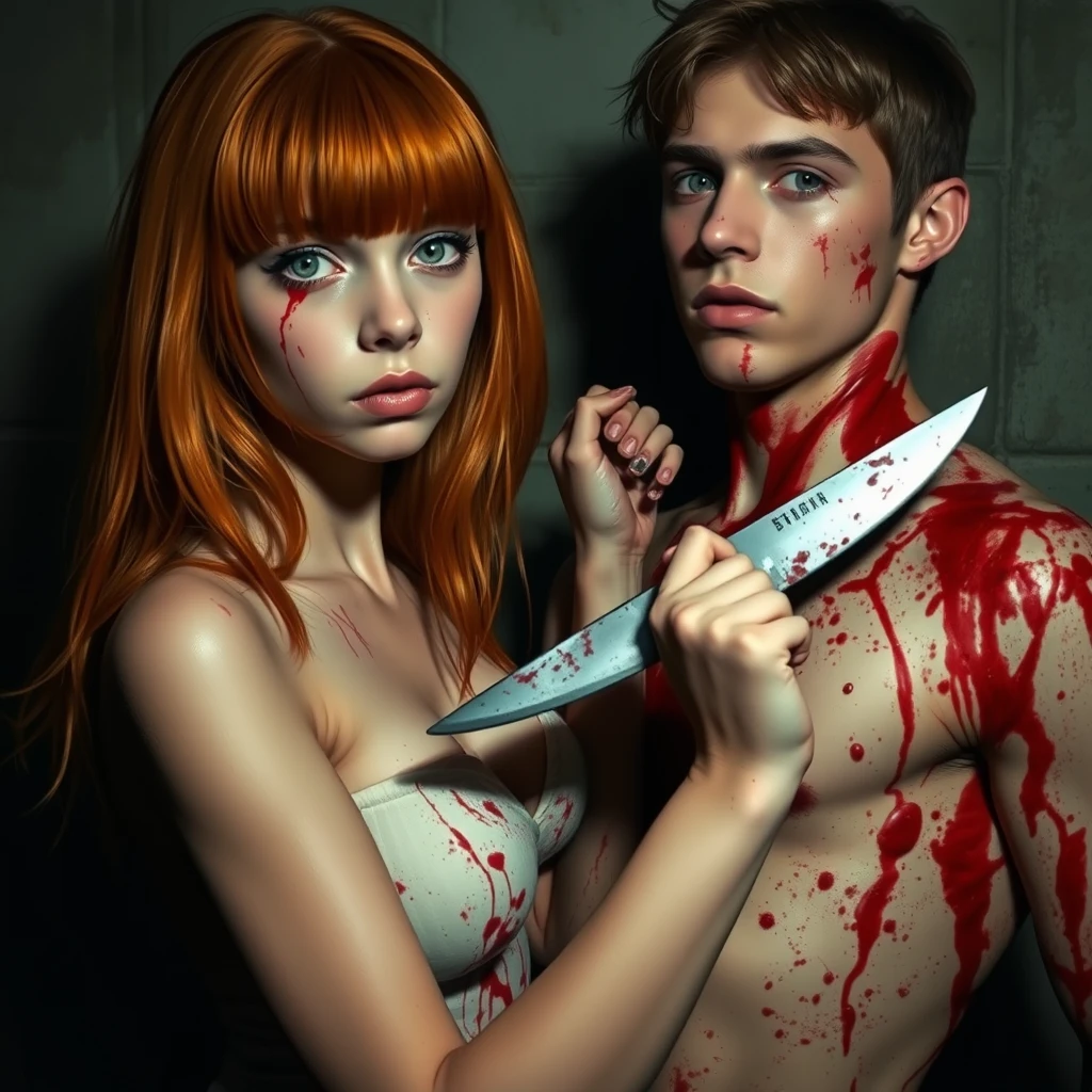 A horror scene; a short, skinny teenage girl with long ginger hair and bangs, green eyes, and large breasts is cutting a tall young white brunette guy with dark eyes with a knife. Both of them are covered in blood.