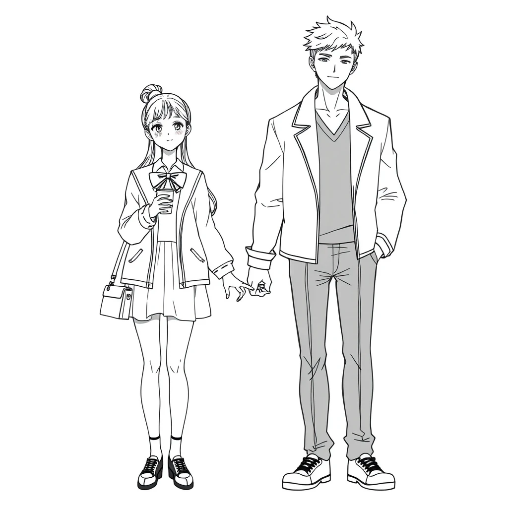 anime lineart, young woman standing with a tall handsome boy, couple, wearing fashion, bow, simple background, cup, handbag, Hand in hand, daily life - Image