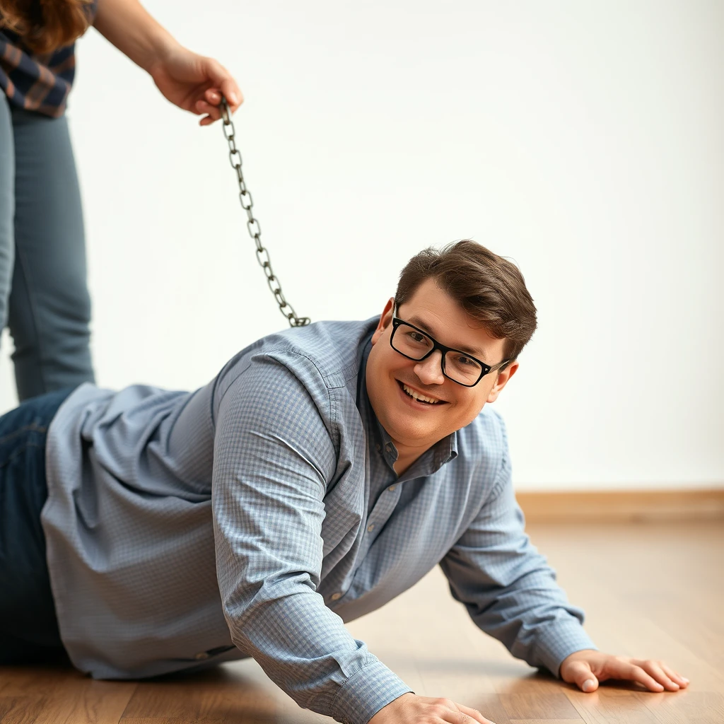 Can you generate an image of a woman standing while holding a chain connected to a collar that a man is wearing while crawling on the floor? The man is wearing glasses and smiling. He is young and a little plus-sized and both subjects are of Caucasian descent. - Image