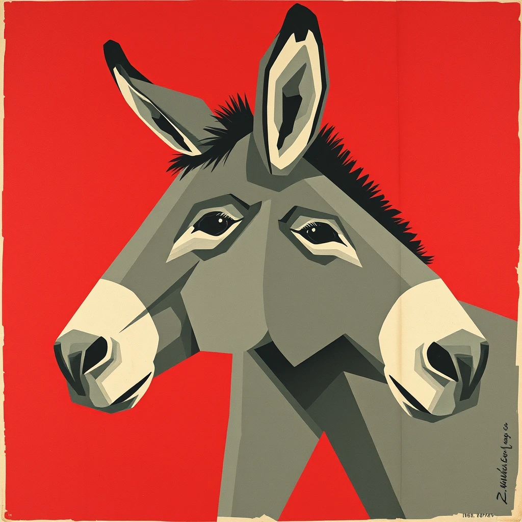 Soviet poster depicting a donkey, constructivist style. The donkey is gray and the background is dark red.