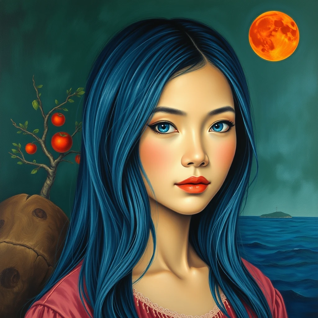 Portrait of a Vietnamese girl, 30 years old, long blue hair, blue eyes, background dark green ocean, larger red moon, one apple tree, oil painting, Van Gogh style. - Image