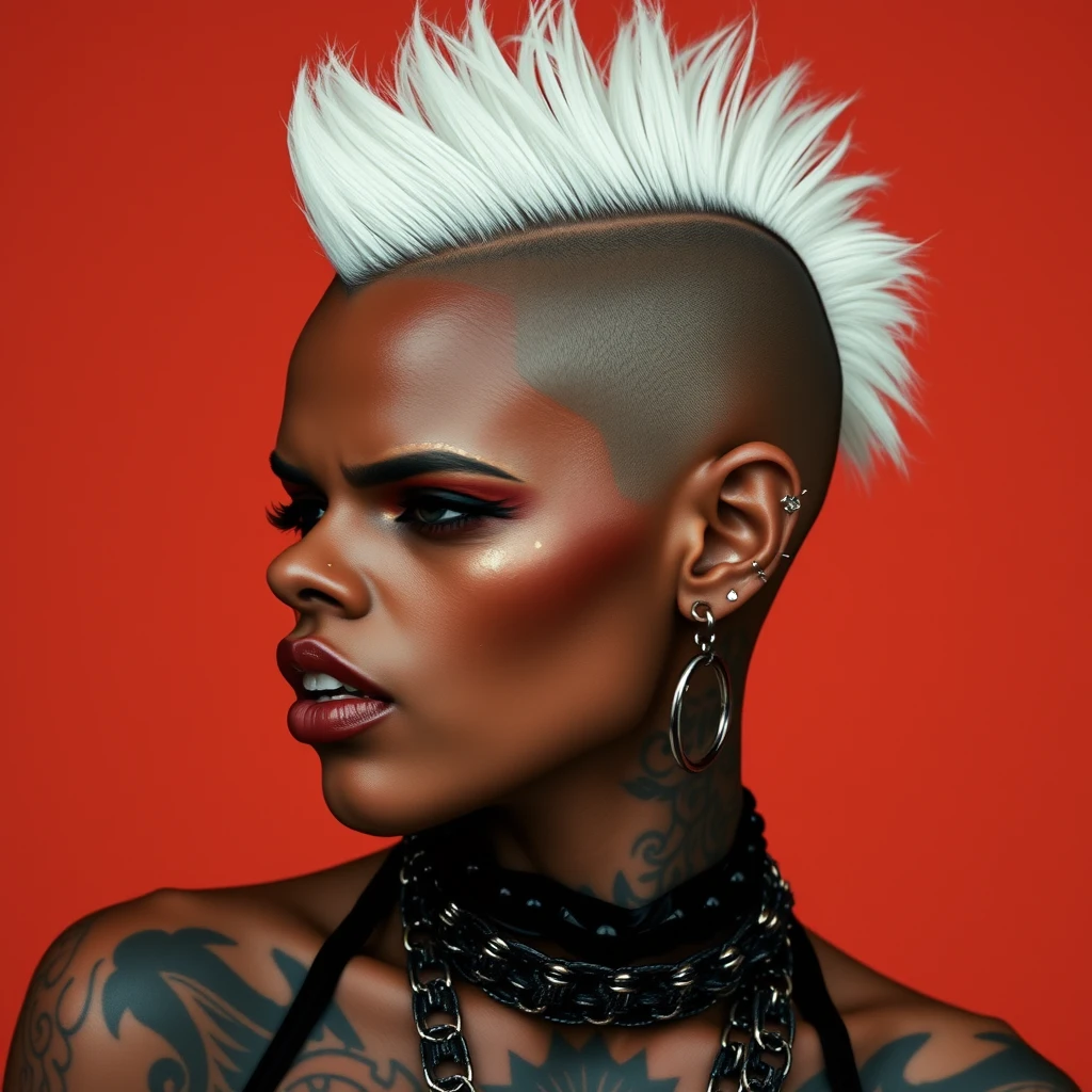 black woman, vampire, side shave, shaved head, white mohawk, nose rings, multiple earrings, extreme piercings, extreme tattoos