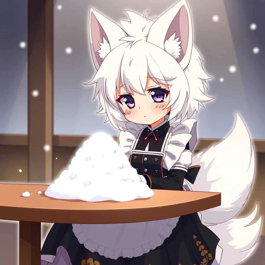 A cute anime girl with massive fluffy fennec ears and a big fluffy tail, white messy short hair, and purple eyes, wearing a maid outfit with a long black dress featuring a gold leaf pattern and a white apron, is sitting at the table. On the table is a mountain of snow, and the girl looks greedily at the snow. - Image