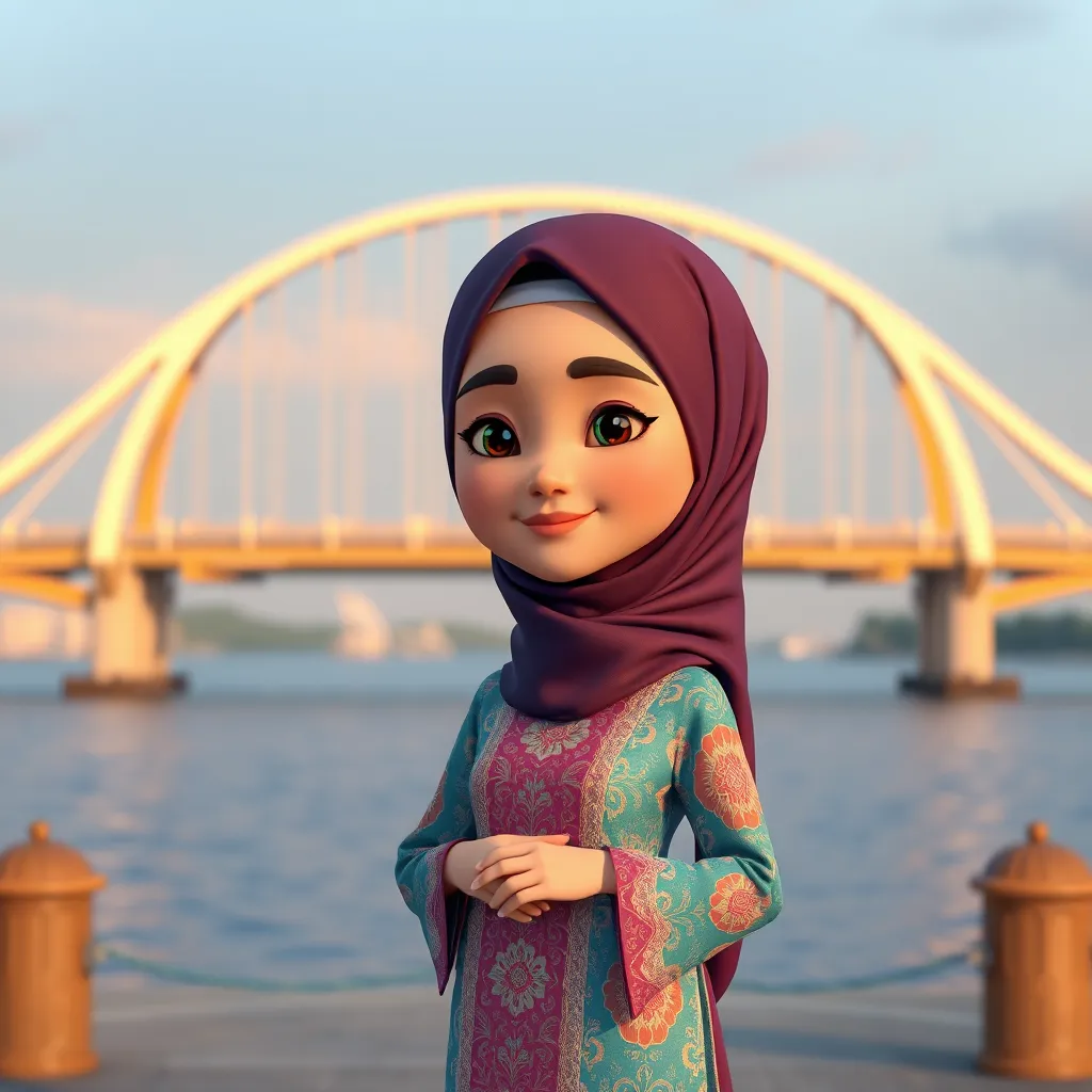 A 3D cartoon animation of a Muslim woman from Palembang, Indonesia, wearing a traditional long songket dress. She stands gracefully in front of the iconic Ampera Bridge, which arches beautifully in the background. The scene is rendered in stunning 8k resolution, capturing the vibrant colors and intricate details of the songket fabric. The woman's expression is serene and peaceful, with a gentle smile. The overall atmosphere is warm and welcoming, showcasing the cultural beauty and elegance of Palembang. - Image