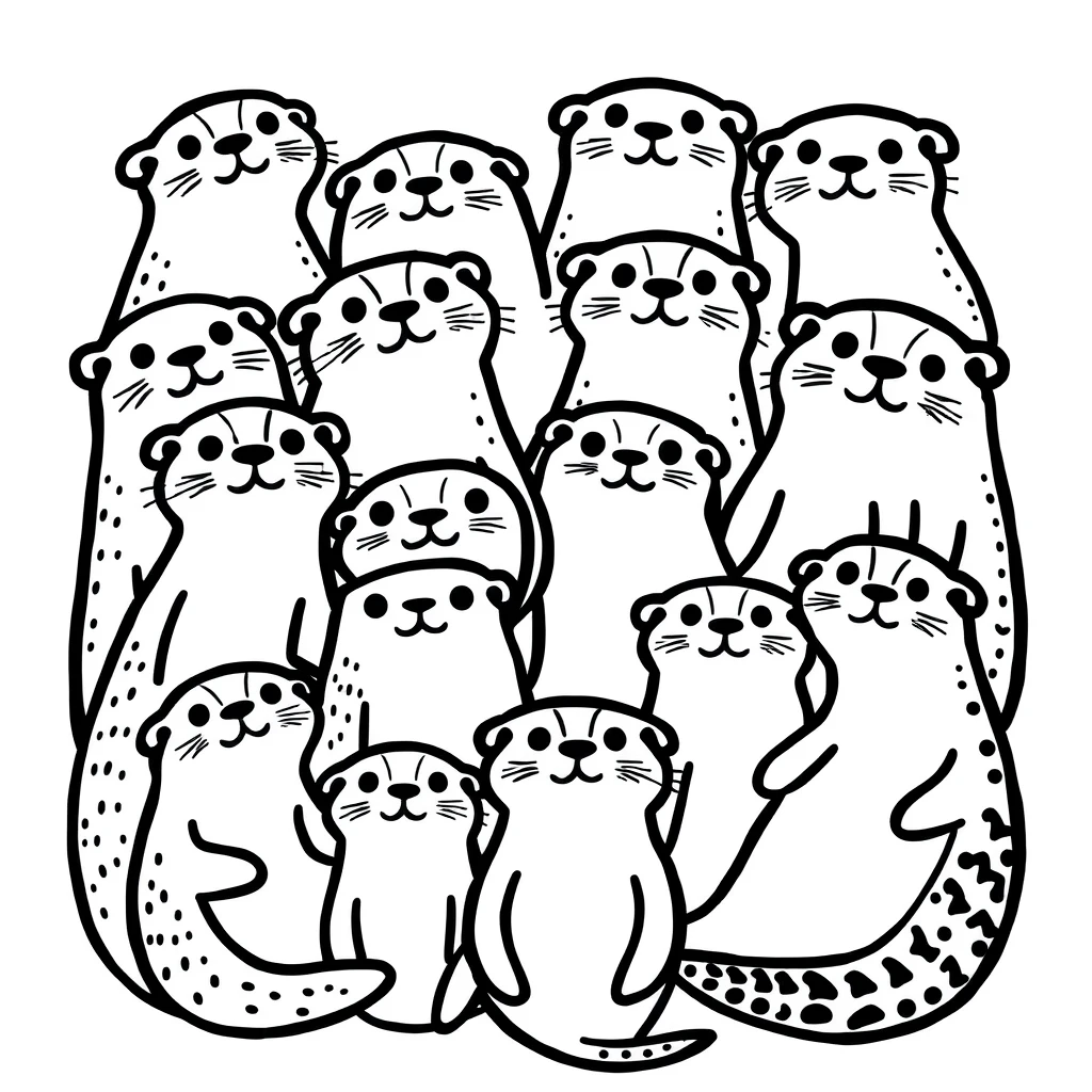 Many otters, Full frame cute doodle art, thick line art by Mr Doodle and Keith Haring, black and white, stick figure, youthful, cute, clean outlines and lines, white background, geometric shapes.