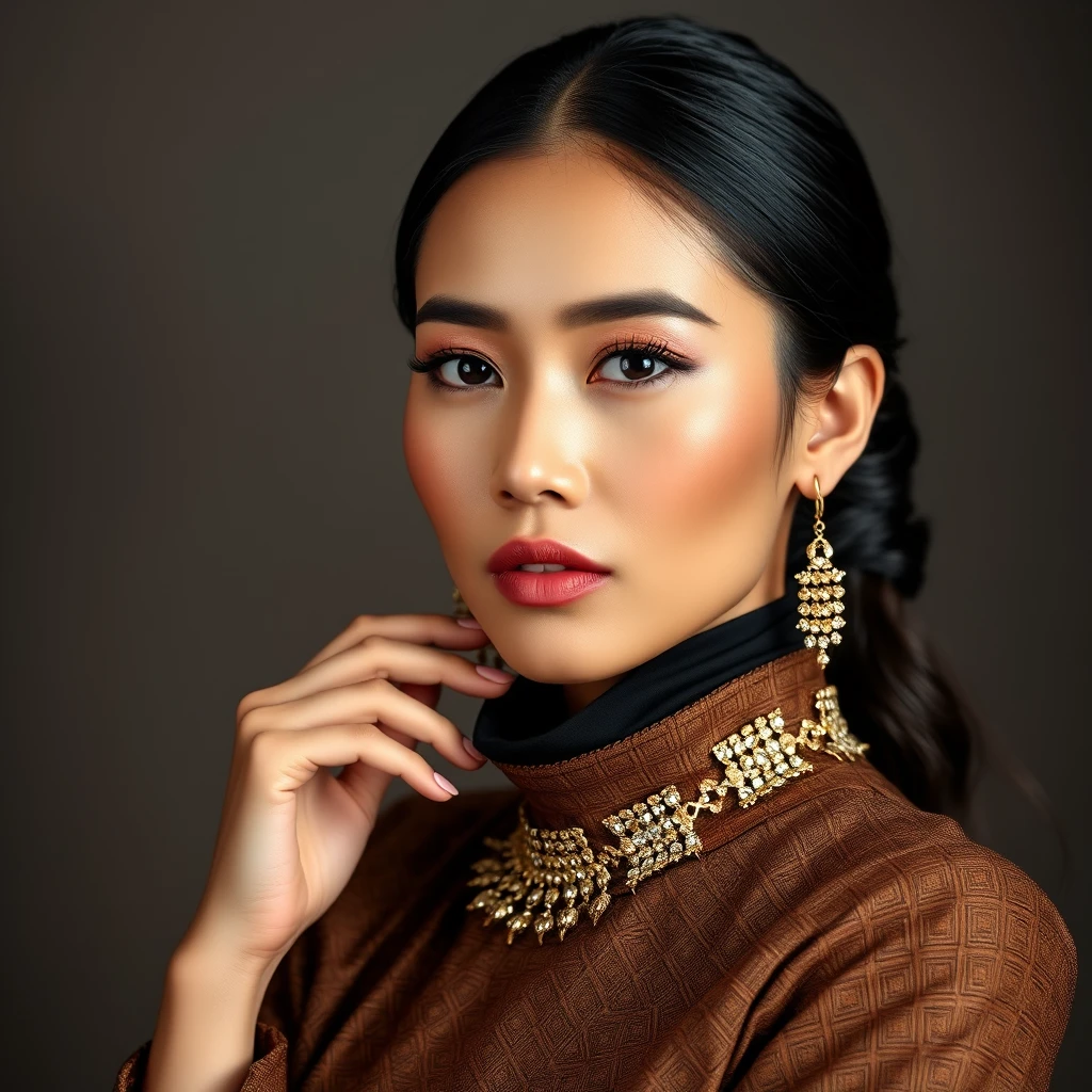 "Create an image of a beautiful Indonesian woman with fair skin. She should be portrayed in an elegant and tasteful manner, reflecting both beauty and confidence. Her attire should be stylish and sophisticated, highlighting her grace and poise. Ensure that the image is respectful and artistic, with a focus on showcasing her features and attire in a refined way."